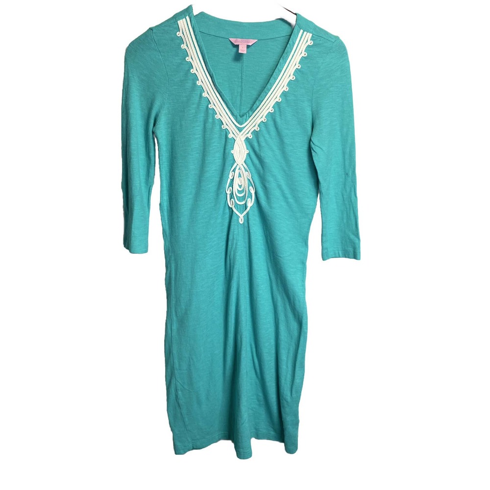 Lilly Pulitzer Womens V-neck Tidewater Tunic Dress Embroidered‎ Blue Green Small
